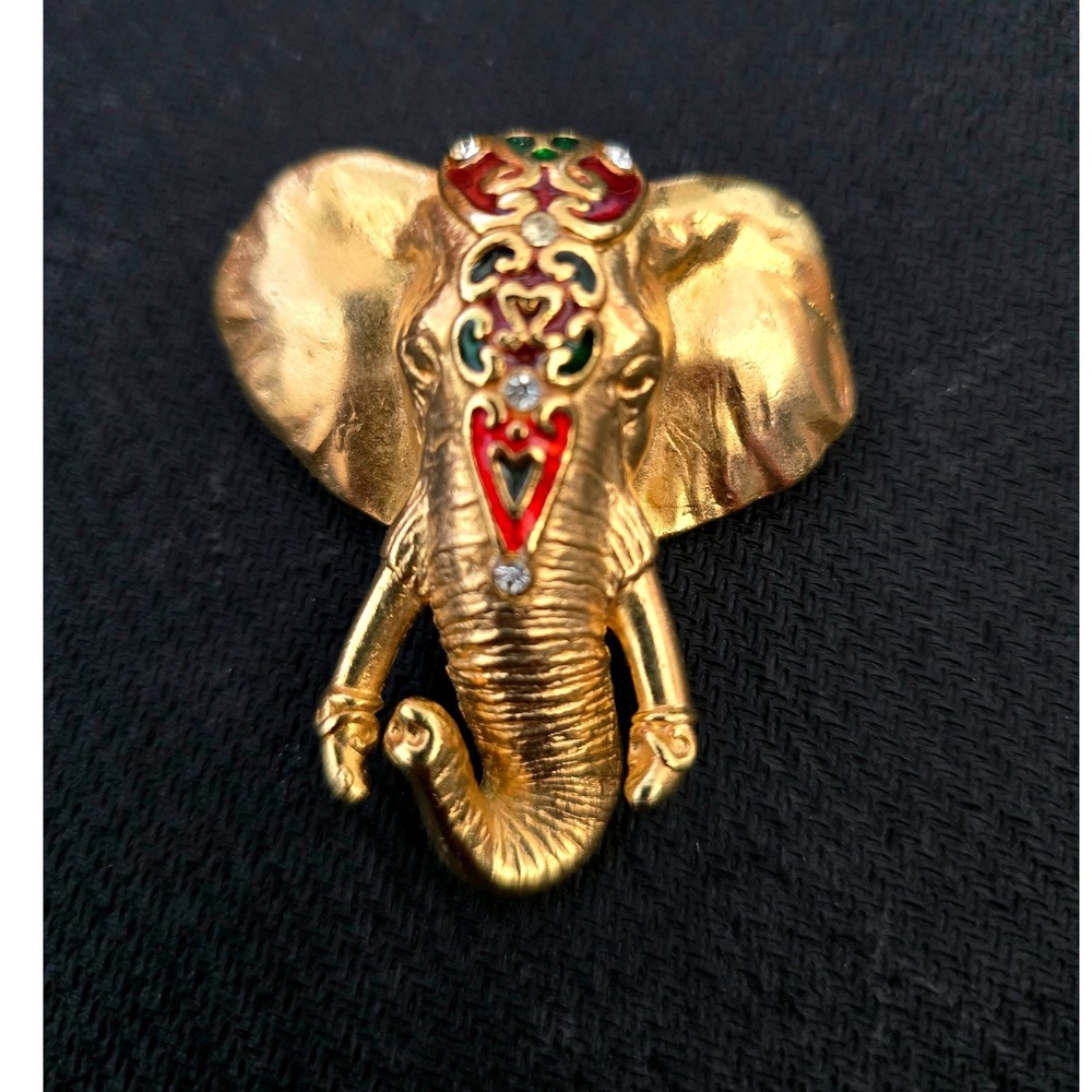 Napa Vintage Gold Tone Elephant Head Brooch Enamel Rhinestone Statement Pin